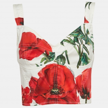 Pre Owned Dolce & Gabbana White Rose Print Poplin Crop Top M