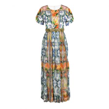 Pre Owned Dolce and Gabbana FW' 14-15  Multicolor Majolica Print Crystal Embellished Dress L