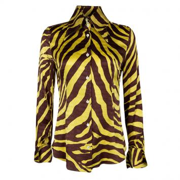Pre Owned Dolce and Gabbana Yellow Brown Animal Striped Silk Button Front Shirt M