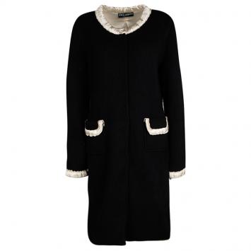 Pre Owned Dolce and Gabbana Black Wool Contrast Silk Trim Detail Long Coat M