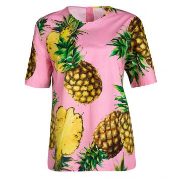 Pre Owned Dolce and Gabbana Pink Pineapple Print Cotton Short Sleeve Top M
