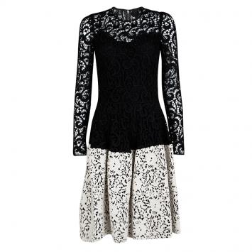 Pre Owned Dolce and Gabbana Monochrome Wool Floral Embroidered Lace Dress S