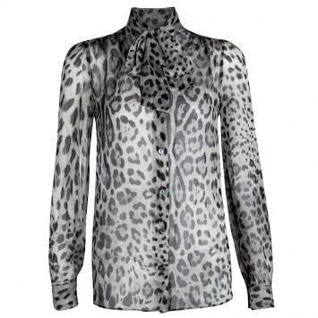 Pre Owned Dolce and Gabbana Grey Leopard Print Tie Detail Button Front Blouse S