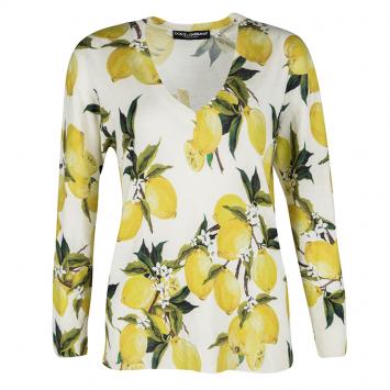 Pre Owned Dolce and Gabbana Cream Lemon Print Cashmere and Silk V Neck Sweater L