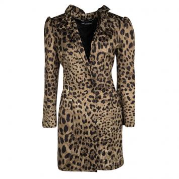 Pre Owned Dolce And Gabbana Brown Animal Print Ruffled Collar Coat M
