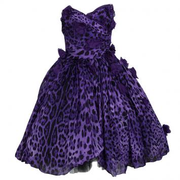 Pre Owned Dolce and Gabbana Purple Leopard Print Floral Applique Strapless Dress M