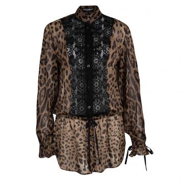 Pre Owned Dolce and Gabbana Brown Animal Print Lace Insert Waist Tie Detail Shirt S