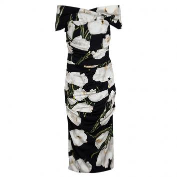 Pre Owned Dolce and Gabbana Black Tulip Print Ruched Silk Off Shoulder Midi Dress M