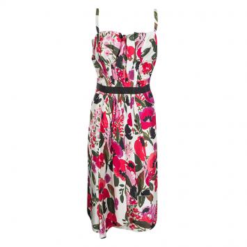 Pre Owned Dolce and Gabbana Floral Printed Silk Gathered Sleeveless Dress L