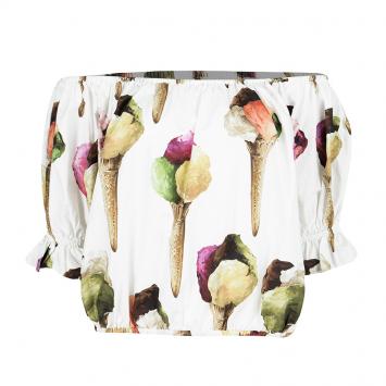 Pre Owned Dolce and Gabbana White Ice Cream Print Off Shoulder Cotton Crop Top M