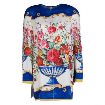 Pre Owned Dolce and Gabbana Caltagirone Floral Vase Print Silk Long Sleeve Dress M