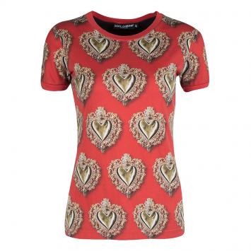 Pre Owned Dolce and Gabbana Red Sacred Heart Print T-Shirt S