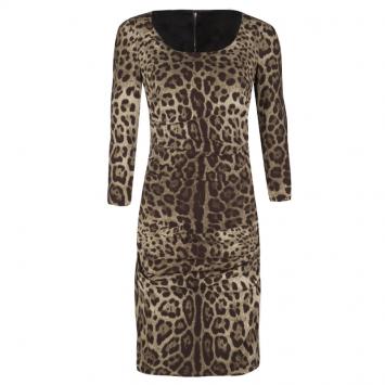 Pre Owned Dolce and Gabbana Animal Print Ruched Silk Long Sleeve Dress M