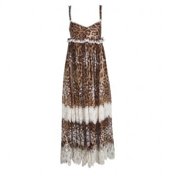 Pre Owned Dolce and Gabbana Animal Printed Silk Embroidered Lace Detail Maxi Dress S
