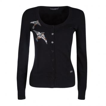 Pre Owned Dolce and Gabbana Black Wool Silk Embroidered Sequin Detail Cardigan M