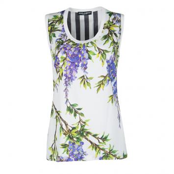 Pre Owned Dolce and Gabbana White Cotton Wisteria Print Sleeveless Top S