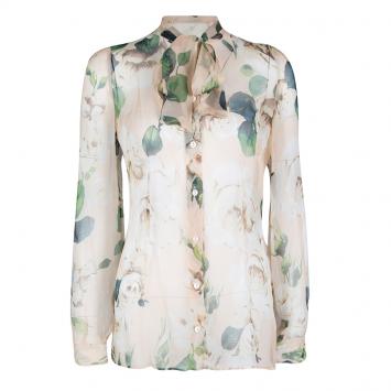Pre Owned Dolce and Gabbana Beige Floral Printed Silk Tie Detail Sheer Blouse S