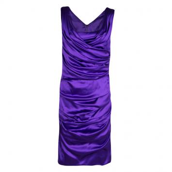 Pre Owned Dolce and Gabbana Puple Satin Ruched Sleeveless Dress L
