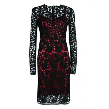 Pre Owned Dolce and Gabbana Black Embroidered Lace Contrast Lined Long Sleeve Dress S