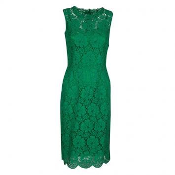 Pre Owned Dolce and Gabbana Green Floral Lace Scalloped Hem Sleeveless Dress S 