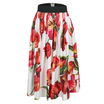 Pre Owned Dolce and Gabbana White and Red Tulip Printed Gathered Cotton Skirt S