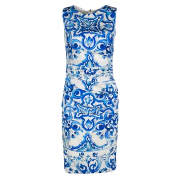 Pre Owned Dolce and Gabbana Blue and White Majolica Printed Silk Ruched Sleeveless Dress S