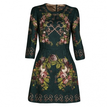Pre Owned Dolce and Gabbana Bottle Green Floral And Key Print Embossed Jacquard Dress S