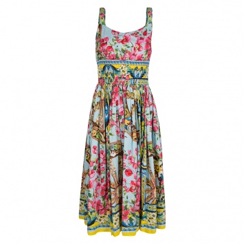Pre Owned Dolce and Gabbana Floral Print Smocked Waist Sleeveless Cotton Poplin Dress S