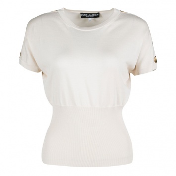 Pre Owned Dolce and Gabbana Beige Shoulder Button Detail Ribbed Hem Short Sleeve Sweater S