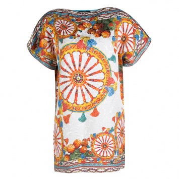 Pre Owned Dolce and Gabbana White Sicilian Printed Jacquard Boat Neck Shift Dress S