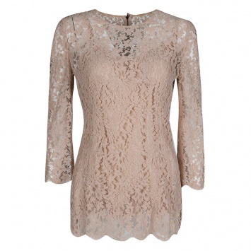 Pre Owned Dolce and Gabbana Blush Pink Floral Lace Scallop Trim Long Sleeve Blouse M