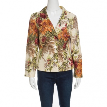 Pre Owned Dolce & Gabbana Cream Floral Printed Silk Knit Blazer M