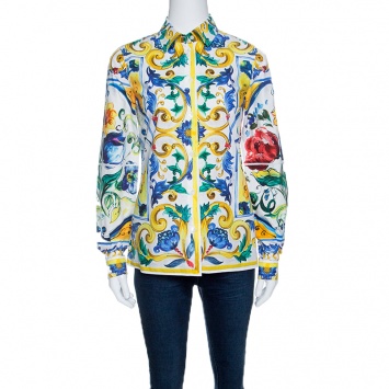 Pre Owned Dolce and Gabbana Majolica Print Long Sleeve Button Front Cotton Poplin Shirt S