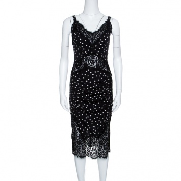 Pre Owned Dolce and Gabbana Black Star Print Floral Lace Insert Detail Sleeveless Dress S
