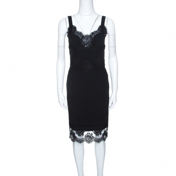 Pre Owned Dolce and Gabbana Black Scalloped Lace Trim Sleeveless Dress S