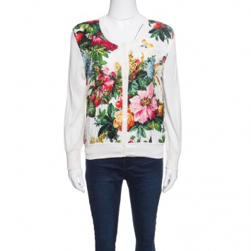 Pre Owned Dolce and Gabbana Cream Floral Print Embossed Jacquard Button Front Cardigan L