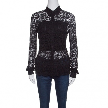 Pre Owned Dolce and Gabbana Black Floral Lace Long Sleeve Button Front Shirt S