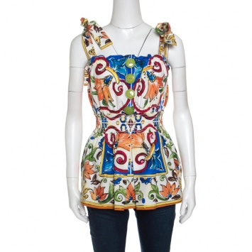 Pre Owned Dolce and Gabbana Multicolor Majolica Printed Cotton Smocked Waist Sleeveless Top S
