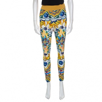 Pre Owned Dolce and Gabbana Majolica Printed Silk Elasticized Waist Skinny Pants S