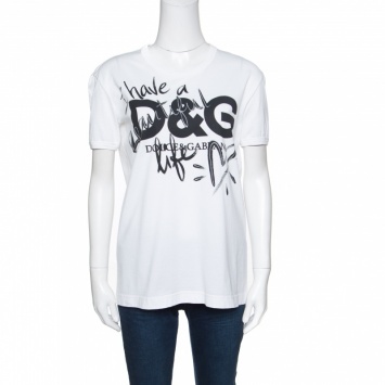 Pre Owned Dolce and Gabbana I Have A Beautiful Life White Printed Cotton T-Shirt S