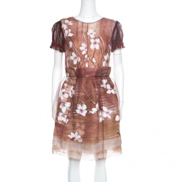Pre Owned Dolce and Gabbana Brown Floral Print Organza Tulle Overlay Dress S