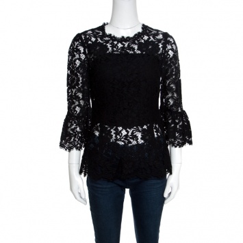 Pre Owned Dolce and Gabbana Black Floral Lace Scalloped Trim  Ruffle Cuff Top S