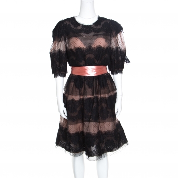 Pre Owned Dolce and Gabbana Black and Blush Pink Floral Scalloped Lace Belted Dress L