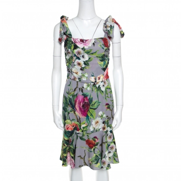 Pre Owned Dolce and Gabbana Grey Floral Printed Silk Sleeveless Dress M