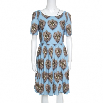 Pre Owned Dolce and Gabbana Blue Sacred Hearts Printed Cotton Short Sleeve Dress M