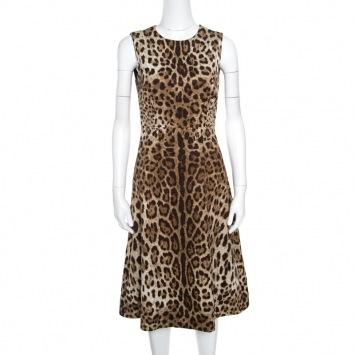 Pre Owned Dolce and Gabbana Brown Leopard Print Textured Sleeveless A-Line Dress S