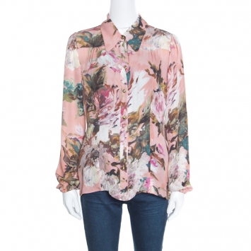 Pre Owned Dolce and Gabbana Pink Floral Printed Silk Long Sleeve Blouse L