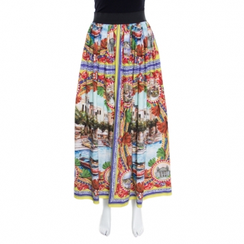 مملوكة مسبقًا Dolce and Gabbana Multicolor Sicilian Postcard Printed Cotton Midi Skirt M
