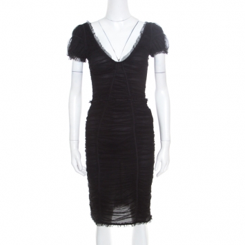 Pre Owned Dolce and Gabbana Black Stretch Cotton Tulle Ruched Plunge Neck Fitted Dress M