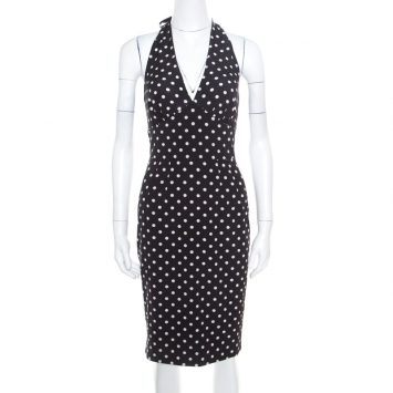 Pre Owned Dolce and Gabbana Black Polka Dotted Silk Halter Dress S